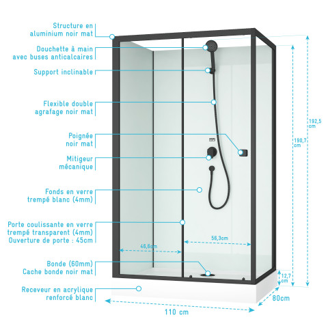 Cabine de douche rectangulaire 110x80x197 cm - porte coulissante - fonds blancs & profilés noir mat Aurlane - CAB287