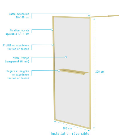 Paroi de douche or doré brossé 100x200cm - porte-serviette et etagère Aurlane - FAC1019