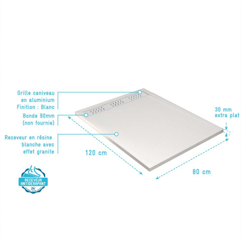 Receveur blanc effet granite en résine epoxy 80x120x3 cm + grille linéaire blanche Aurlane - PACR282