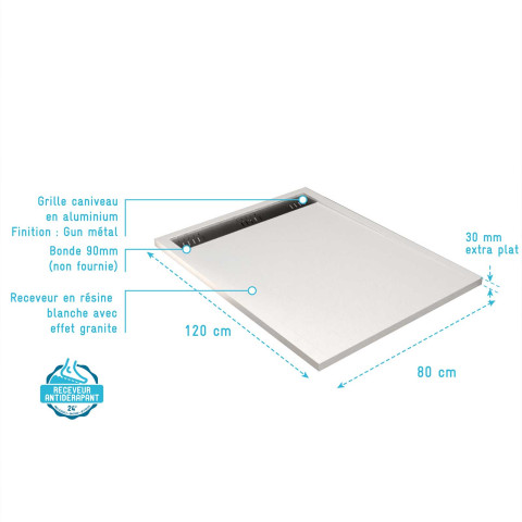 Receveur blanc effet granite en résine epoxy 80x120x3 cm + grille linéaire gun metal Aurlane - PACR283