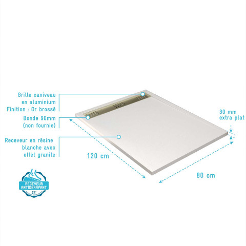 Receveur blanc effet granite en résine epoxy 80x120x3 cm + grille linéaire or brossé Aurlane - PACR284