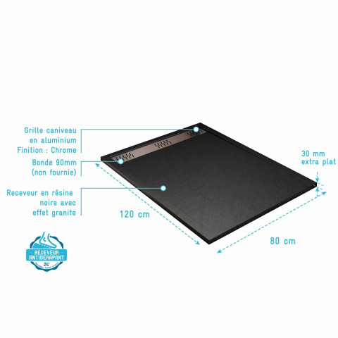 Receveur noir effet granite en résine epoxy 80x120x3 cm + grille linéaire chrome Aurlane - PACR260