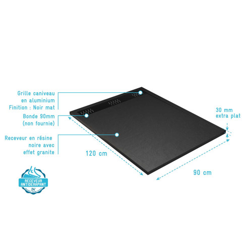 Receveur noir effet granite en résine epoxy 90x120x3 cm + grille linéaire noire Aurlane - PACR266