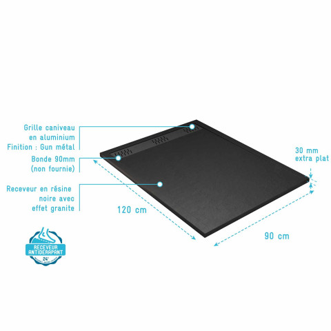 Receveur noir effet granite en résine epoxy 90x120x3 cm + grille linéaire gun metal Aurlane - PACR268