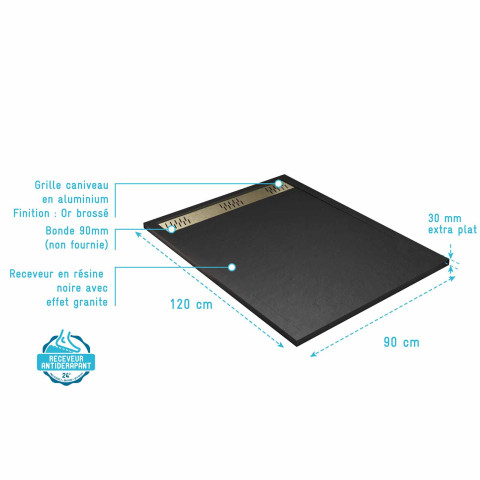 Receveur noir effet granite en résine epoxy 90x120x3 cm + grille linéaire or brossé Aurlane - PACR269