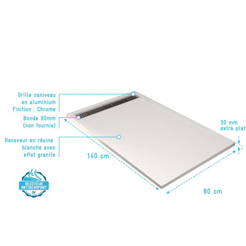 Receveur blanc effet granite en résine epoxy - 80x140x3 cm + grille linéaire chrome Aurlane - PACR290