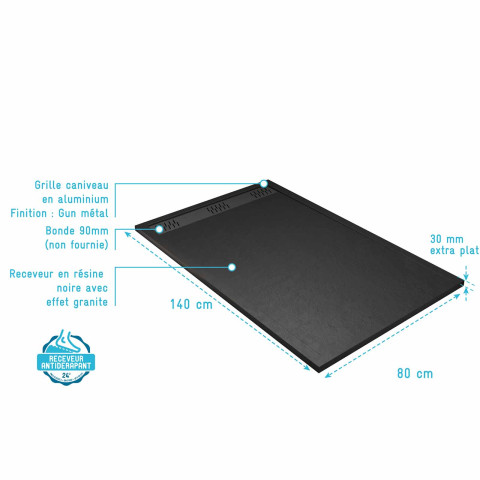 Receveur noir effet granite en résine epoxy 80x140x3 cm + grille linéaire gun metal Aurlane - PACR273
