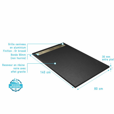 Receveur noir effet granite en résine epoxy 80x140x3 cm + grille linéaire or brossé Aurlane - PACR274
