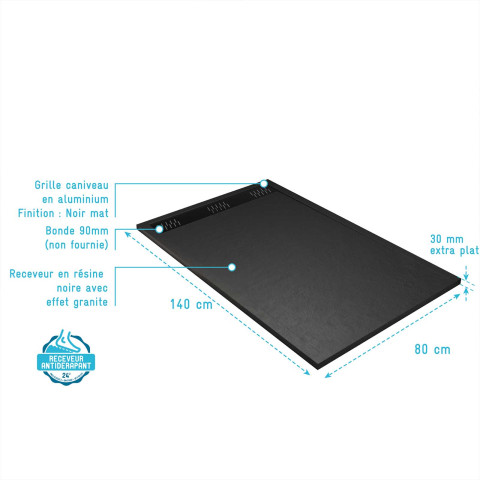 Receveur noir effet granite en résine epoxy 80x140x3 cm + grille linéaire noire Aurlane - PACR271