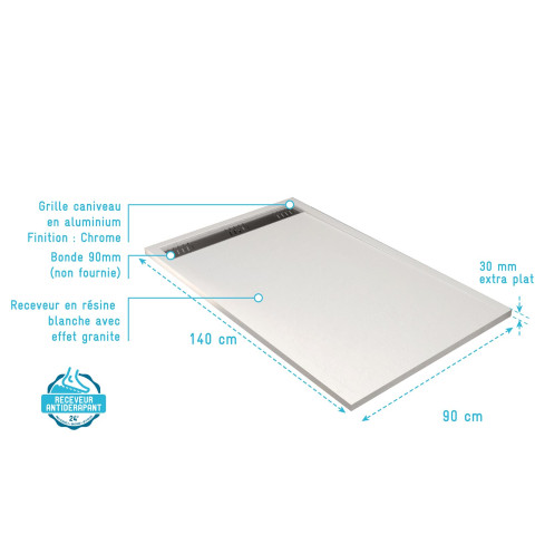Receveur blanc effet granite en résine epoxy - 90x140x3 cm + grille linéaire chrome Aurlane - PACR295