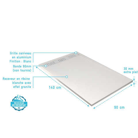 Receveur blanc effet granite en résine epoxy 90x140x3 cm + grille linéaire blanche Aurlane - PACR297