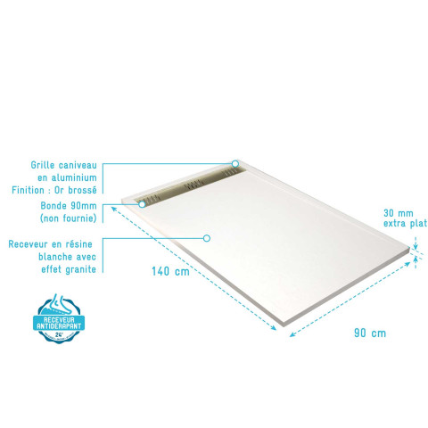 Receveur blanc effet granite en résine epoxy 90x140x3 cm + grille linéaire or brossé Aurlane - PACR299