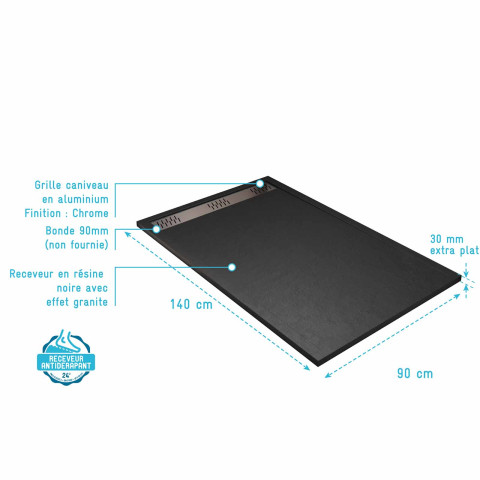 Receveur noir effet granite en résine epoxy 90x140x3 cm + grille linéaire chrome Aurlane - PACR275