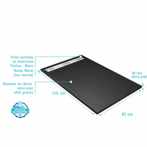 Receveur noir effet granite en résine epoxy 90x140x3 cm + grille linéaire blanche Aurlane - PACR277