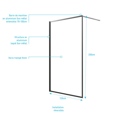 Paroi de douche 120x200 cm - cadre et bras en aluminium finition gun metal - verre trempé 6 mm Aurlane - FAC985
