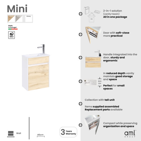 Meuble lave mains mini 40x50x22 cm - gris et blanc Aurlane - LAV1006