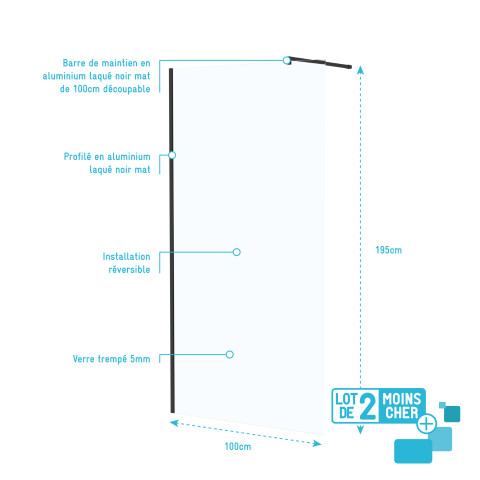 Lot de 2 parois de douche 100x195 cm en verre trempé 5 mm - profilés et bras noirs Aurlane - PACF472