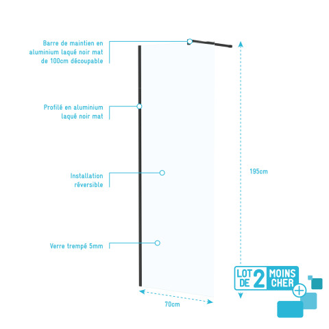 Lot de 2 parois de douche 70x195 cm en verre trempé 5 mm - profilés et bras noirs Aurlane - PACF480
