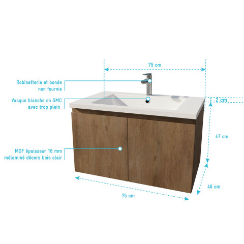 Meuble de salle de bains 75cm à suspendre décor bois clair - 2 portes - vasque blanche - elementary Aurlane - LAV955