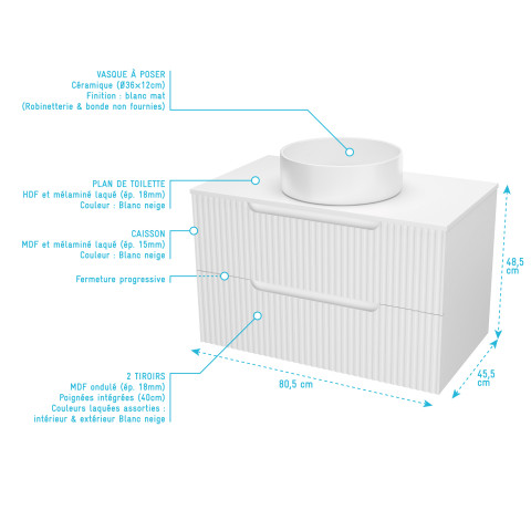 Meuble de salle de bains leon 80cm blanc neige - 2 tiroirs en mdf ondulés - vasque ronde ø36cm Aurlane - PACM723