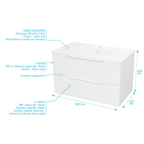 Meuble de salle de bains leon 80cm blanc neige - 2 tiroirs en mdf ondulés - vasque à encastrer Aurlane - PACM729