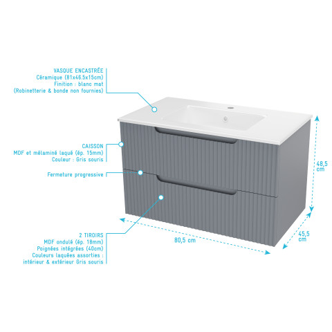 Meuble de salle de bains leon 80cm gris souris - 2 tiroirs en mdf ondulés - vasque à encastrer Aurlane - PACM733