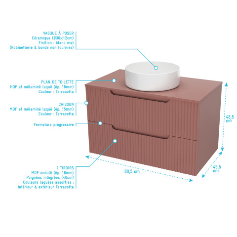 Meuble de salle de bains leon 80cm terracotta - 2 tiroirs en mdf ondulés - vasque ronde ø36cm Aurlane - PACM724