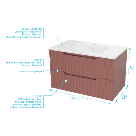 Meuble de Salle de Bains LEON 80cm Terracotta – 2 Tiroirs en MDF Ondulés – Vasque à encastrer Aurlane - PACM730