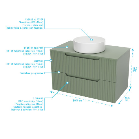 Meuble de salle de bains leon 80cm vert olive - 2 tiroirs en mdf ondulés - vasque ronde ø36cm Aurlane - PACM726