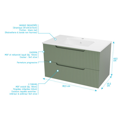 Meuble de salle de bains leon 80cm vert olive - 2 tiroirs en mdf ondulés - vasque à encastrer Aurlane - PACM732
