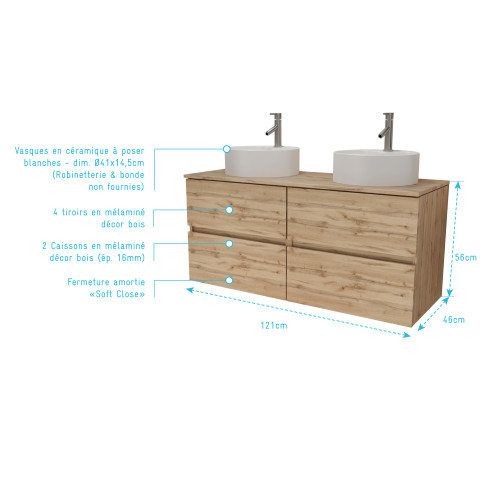 Meuble salle de bains 120cm 4 tiroirs chêne naturel - 2 vasques rondes 41cm en céramique blanche Aurlane - PACM750