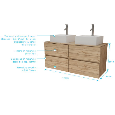 Meuble salle de bains 120cm 4 tiroirs chêne naturel - 2 vasques carrées 41x41x15cm blanches Aurlane - PACM751