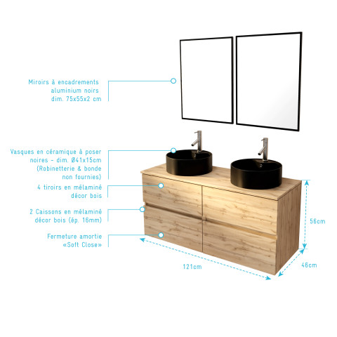 Meuble salle de bains 120cm 4 tiroirs chêne naturel, 2 vasques noires ø41cm et 2 miroirs 55x75 cm Aurlane - PACM764