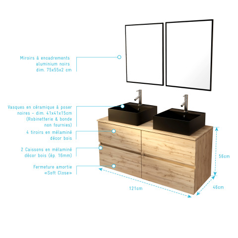 Meuble salle de bains 120cm 4 tiroirs chêne naturel, 2 vasques noires 41x41x15cm, 2 miroirs 55x75cm Aurlane - PACM765