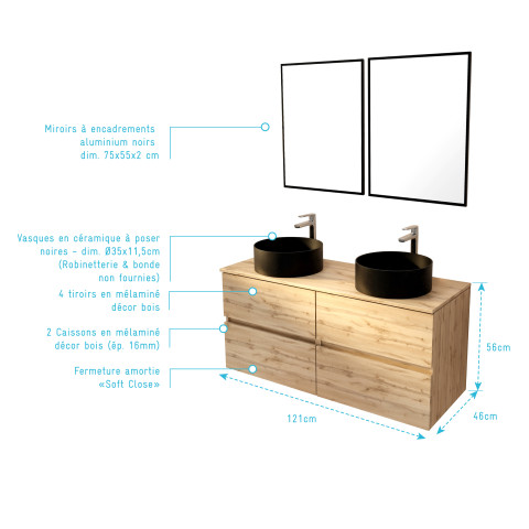 Meuble salle de bains 120cm 4 tiroirs chêne naturel, 2 vasques noires ø36cm et 2 miroirs 55x75 cm Aurlane - PACM766