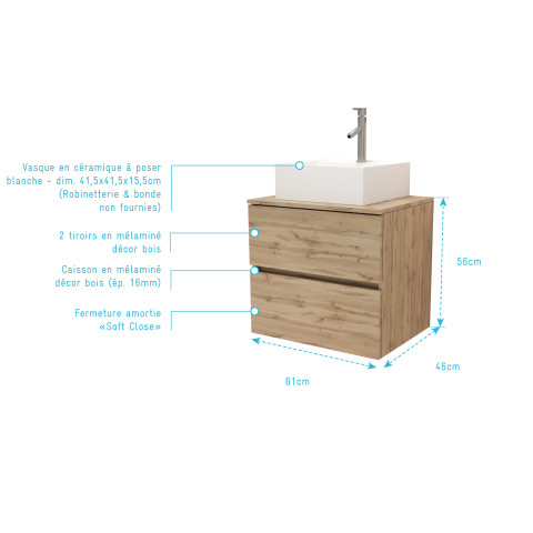 Meuble salle de bains 60cm 2 tiroirs chêne naturel + vasque carrée 41x41x15cm en céramique blanche Aurlane - PACM735