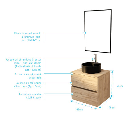 Meuble salle de bains 60cm 2 tiroirs chêne naturel + vasque noire ø41cm et miroir 60x80cm Aurlane - PACM758