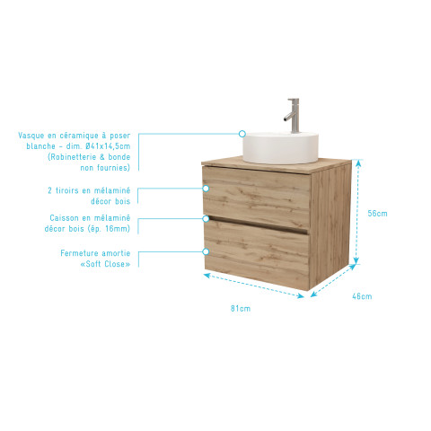 Meuble salle de bains 80cm 2 tiroirs chêne naturel + vasque ronde diamètre 41cm en céramique blanche Aurlane - PACM742