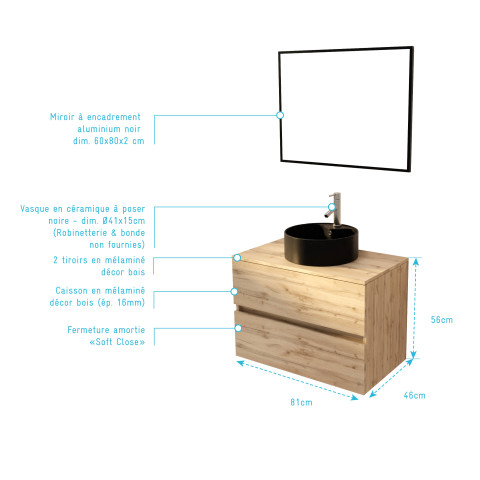 Meuble salle de bains 80cm 2 tiroirs chêne naturel + vasque ronde noire 41cm et miroir 60x80cm Aurlane - PACM761