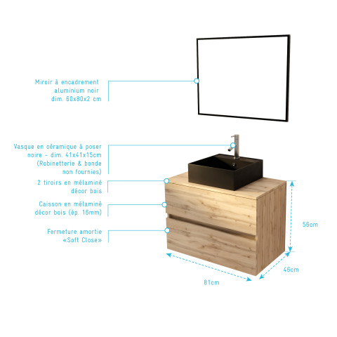 Meuble salle de bains 80cm 2 tiroirs chêne naturel + vasque carrée noire 41x41cm et miroir 60x80cm Aurlane - PACM762