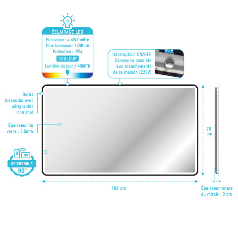 Miroir LED salle de bain et contour noir 100x70cm - GO BLACK LED Aurlane - MIR064