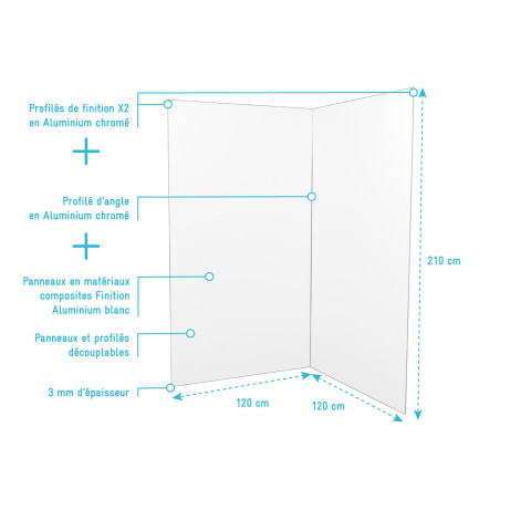 Pack 2 panneaux muraux en aluminium blanc 120x210 cm + profilés finition et angle chrome Aurlane - PACP301