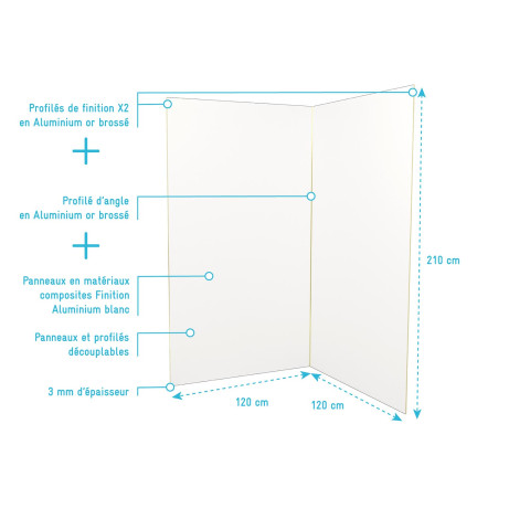 Pack 2 panneaux muraux en aluminium blanc 120x210 cm + profilés finition et angle or doré brossé Aurlane - PACP302