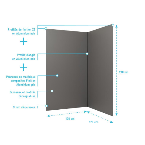 Pack 2 panneaux muraux en aluminium gris 120x210 cm + profilés finition et angle noir Aurlane - PACP306