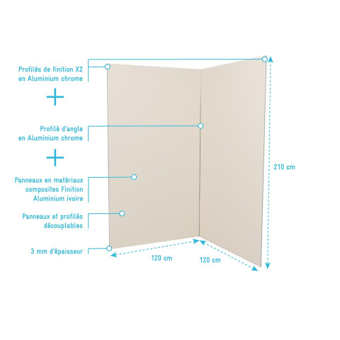 Pack 2 panneaux muraux en aluminium ivoire 120x210 cm + profilés finition et angle chrome Aurlane - PACP303