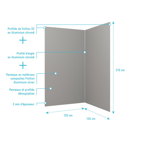 Pack 2 panneaux muraux en aluminium silver 120x210 cm + profilés finition et angle chrome Aurlane - PACP307
