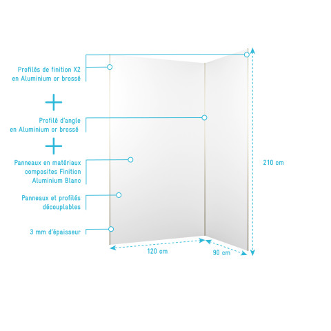 Pack 2 panneaux muraux en aluminium blanc 120+90x210 cm + profilés finition et angle or doré brossé