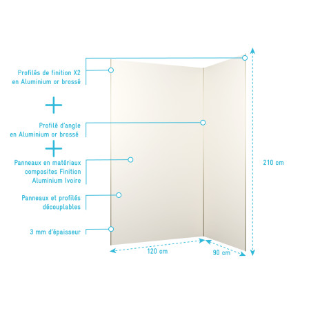 Pack 2 panneaux muraux en aluminium ivoire 120+90x210 cm + profilés finition et angle or doré brossé Aurlane - PACP295