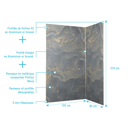 Pack 2 panneaux muraux en pierre venus 120+90x210 cm + profilés finition et angle or doré brossé Aurlane - PACP297