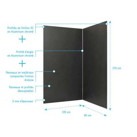Pack 2 panneaux muraux pierre adoise 120+90x210 cm + profilés finition et angle chrome Aurlane - PACP309